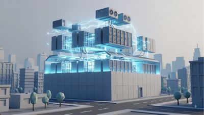 3D illustration of a data center building with server racks, cooling units, and glowing electrical connections visualizing power distribution and data flow across the facility.